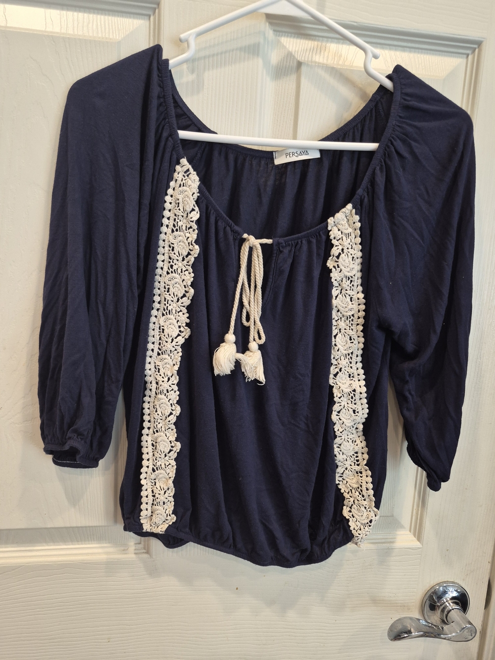5/25 Persaya Navy Peasant Blouse with Cream Crochet Trim